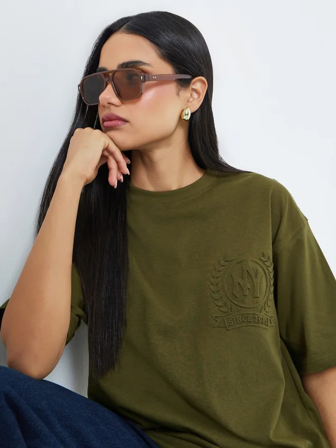 Styli Green Slogan Embossed 100% Cotton Oversized T-Shirt