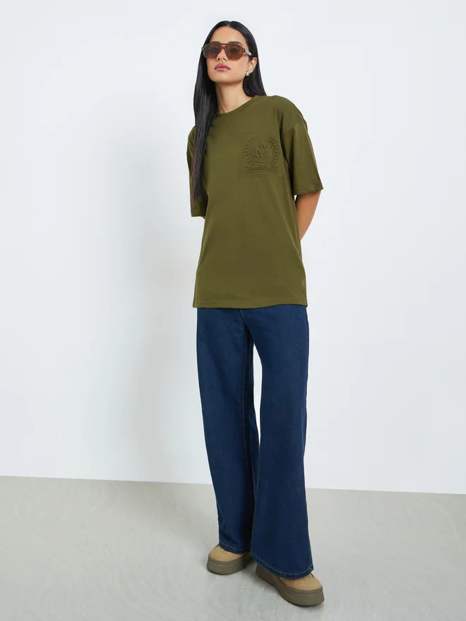 Styli Green Slogan Embossed 100% Cotton Oversized T-Shirt