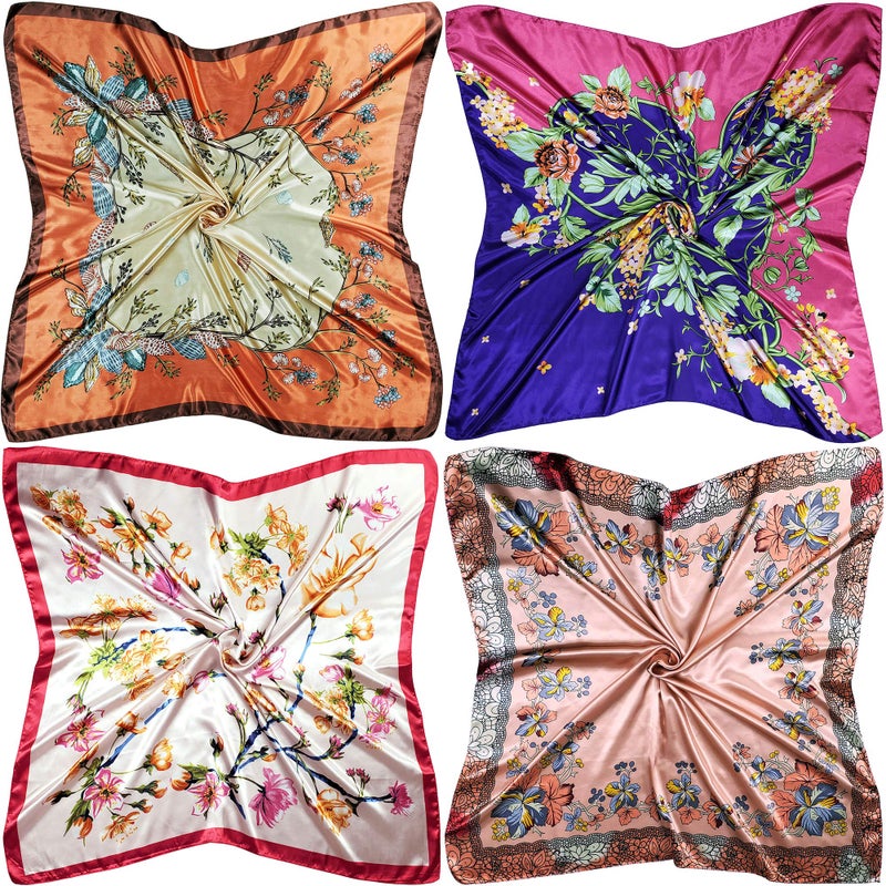 LilMents 4 Mixed Designs Large 35" × 35" Square Polyester Satin Neck Head Scarf Scarves Set (Set W1) - Image 1