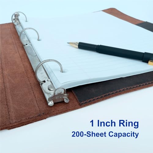 Fan&Ran Leather 3 Ring Binder, 1" Round Rings for 8.5"x11" Paper and Sheet Protectors, Interior Pockets & Snap Closure, Letter Size, Vintage Brown - Image 4