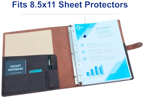 Fan&Ran Leather 3 Ring Binder, 1" Round Rings for 8.5"x11" Paper and Sheet Protectors, Interior Pockets & Snap Closure, Letter Size, Vintage Brown - Image 3