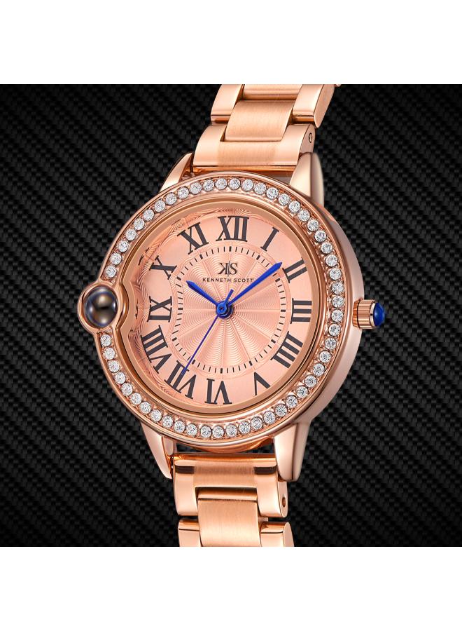 كينيث سكوت ساعة كينيث سكوت نسائية بعرض تناظري وسوار ستانلس ستيل ذهبي وردي - Image 4