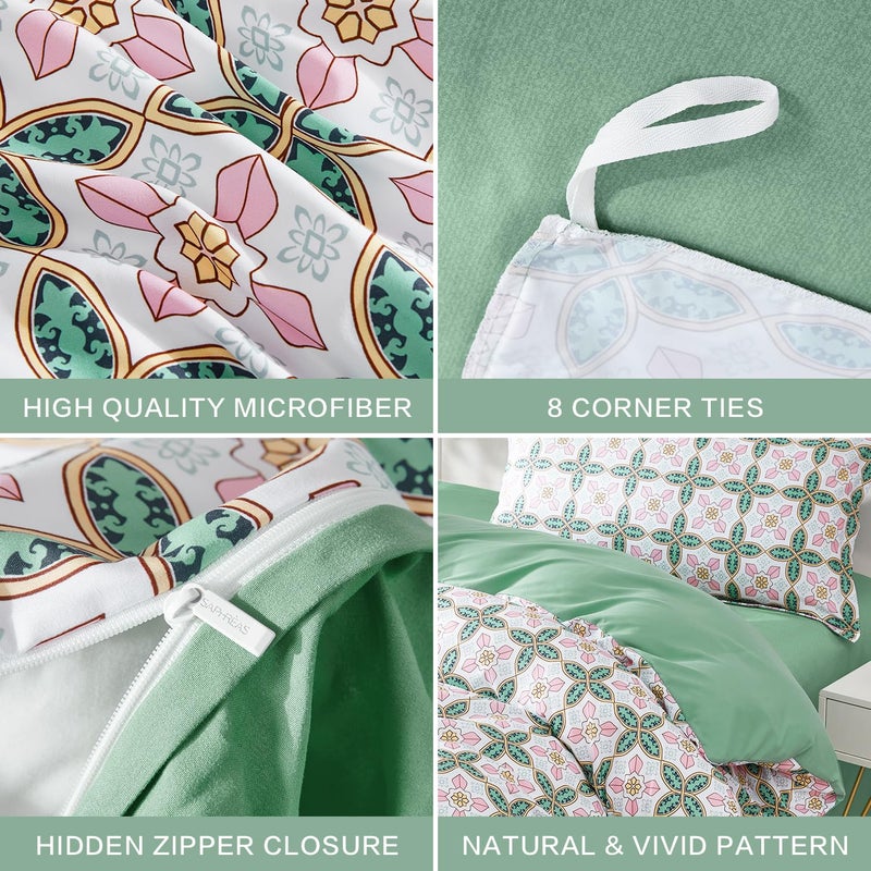 SAPHREAS Full Boho Duvet Cover Green Paisley Bedding Set with 8 Corner Ties and 2 Pillow Shams Microfiber Reversible Duvet Cover Set with Zipper Closure - Image 5