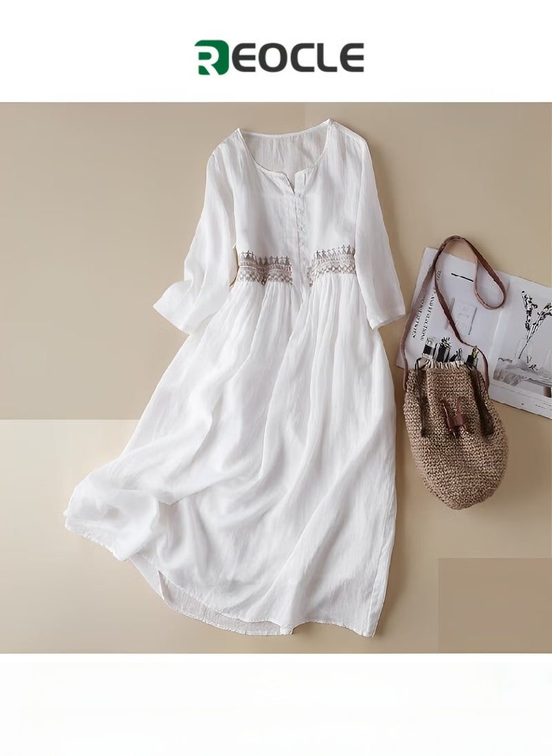 REOCLE Women's Embroidered Dress Cotton Linen Long Dress V Neck Long Sleeve Floral Midi A-line Dress Flowy Beach Maxi Dress  - Image 1