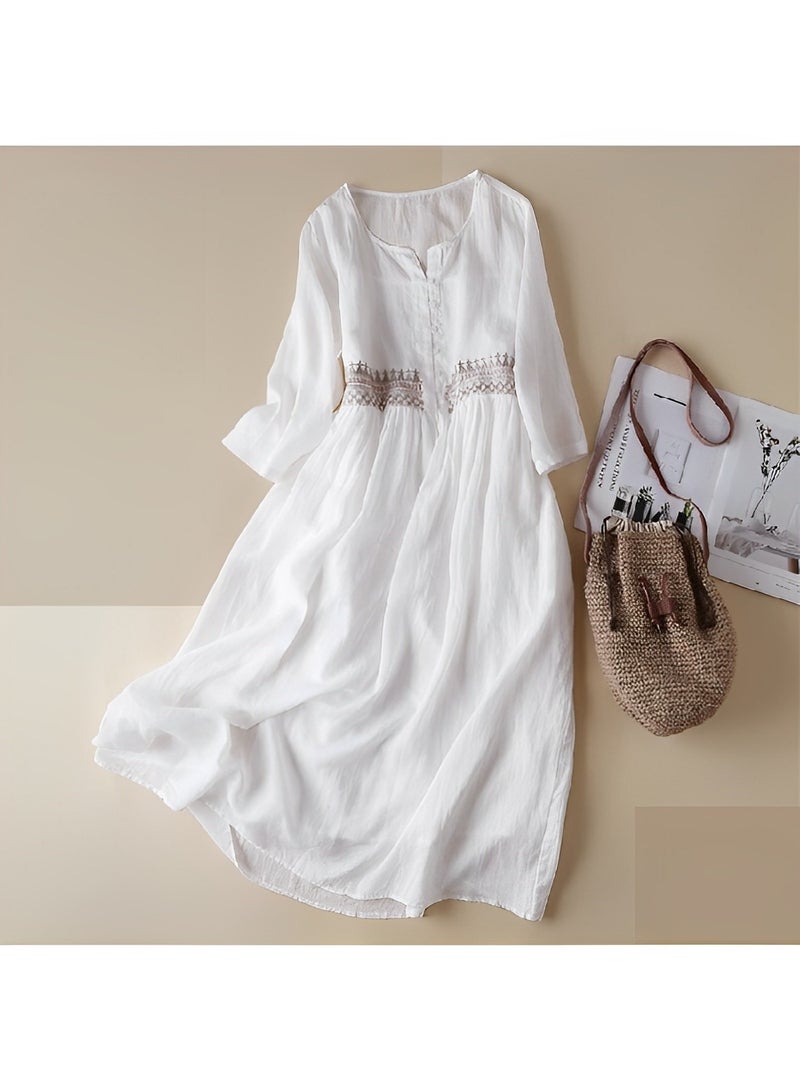 REOCLE Women's Embroidered Dress Cotton Linen Long Dress V Neck Long Sleeve Floral Midi A-line Dress Flowy Beach Maxi Dress  - Image 2