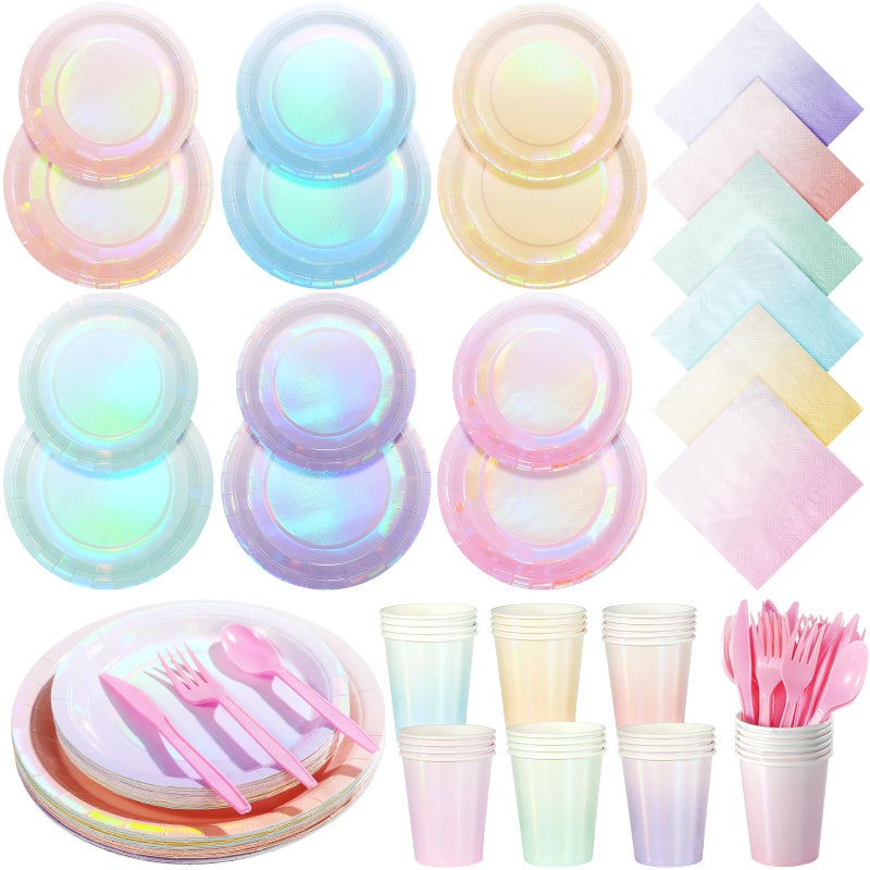 Pascliyna Iridescent Pastel Plates and Napkins Serve 25, Pastel Rainbow Holographic Party Plates Supplies, Disposable Paper Plates Napkins Cups Knives Forks for Birthday Wedding Baby Shower Party Decorations - Image 1