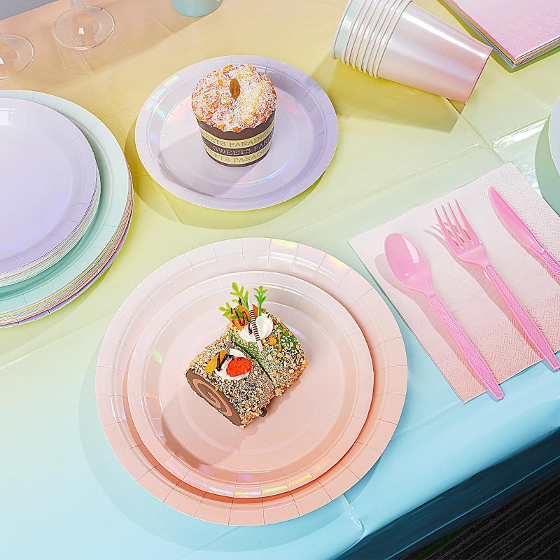 Pascliyna Iridescent Pastel Plates and Napkins Serve 25, Pastel Rainbow Holographic Party Plates Supplies, Disposable Paper Plates Napkins Cups Knives Forks for Birthday Wedding Baby Shower Party Decorations - Image 4