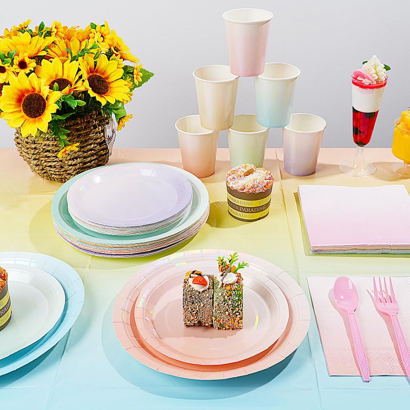 Pascliyna Iridescent Pastel Plates and Napkins Serve 25, Pastel Rainbow Holographic Party Plates Supplies, Disposable Paper Plates Napkins Cups Knives Forks for Birthday Wedding Baby Shower Party Decorations - Image 3