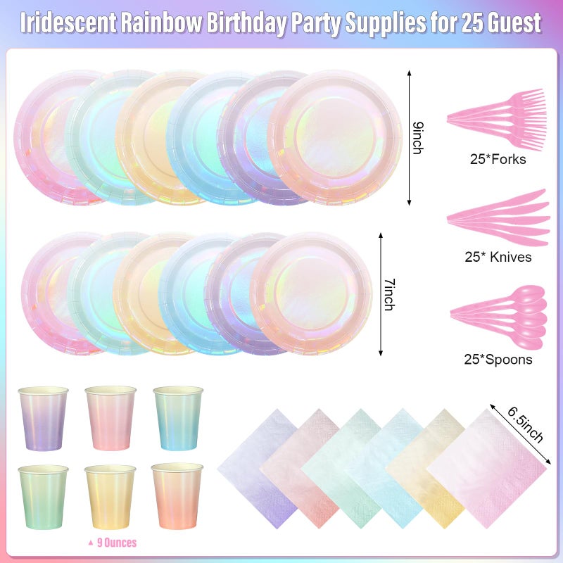 Pascliyna Iridescent Pastel Plates and Napkins Serve 25, Pastel Rainbow Holographic Party Plates Supplies, Disposable Paper Plates Napkins Cups Knives Forks for Birthday Wedding Baby Shower Party Decorations - Image 2