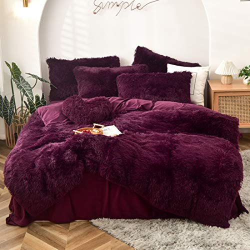 MorroMorn 5 PCS Shaggy Duvet Cover Bedding Set Fluffy Comforter Cover Long Faux Fur Luxury Ultra Soft Cozy Maroon FullQueen