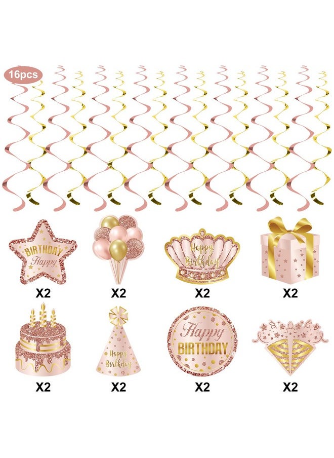 Lnlofen Lnlofen Pink Rose Gold Birthday Hanging Swirls Decorations for Women Girls, 30pcs Happy Birthday Swirls Party Supplies, 10th 16th 21st 30th 40th 50th 60th Bday Ceiling Decor  - Image 3