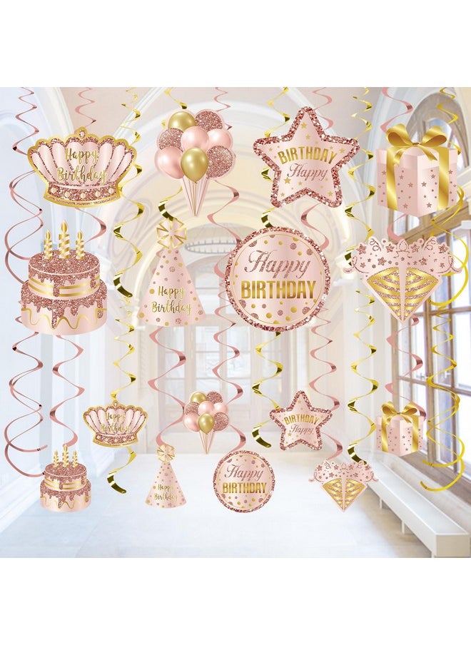 Lnlofen Lnlofen Pink Rose Gold Birthday Hanging Swirls Decorations for Women Girls, 30pcs Happy Birthday Swirls Party Supplies, 10th 16th 21st 30th 40th 50th 60th Bday Ceiling Decor  - Image 1
