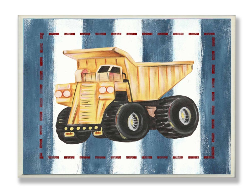 ستوبيل إنداستريز The Kids Room by Stuptell Dump Truck on Blue Stripes Rectangle Wall Plaque - Image 1