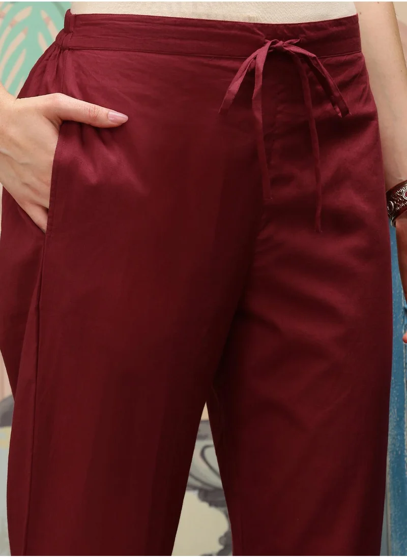 آي شين Straight Fit Printed Pattern Round Neck Three-Quarter Sleeves Maroon Colour Woven Cotton Kurta Set for Women with Semi Elastic Closure - Crafted for Elegance and Ease