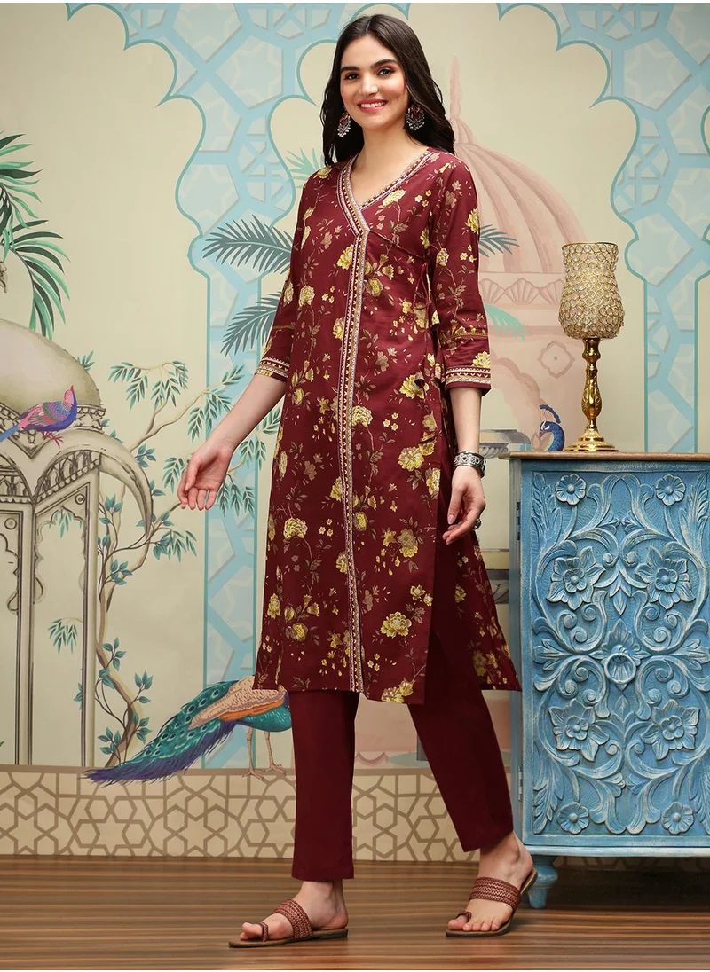 آي شين Straight Fit Printed Pattern Round Neck Three-Quarter Sleeves Maroon Colour Woven Cotton Kurta Set for Women with Semi Elastic Closure - Crafted for Elegance and Ease