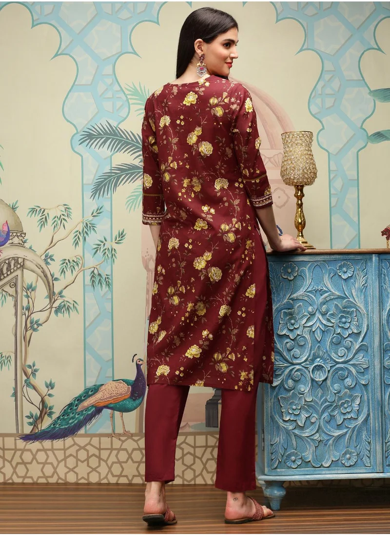 ISHIN Straight Fit Printed Pattern Round Neck Three-Quarter Sleeves Maroon Colour Woven Cotton Kurta Set for Women with Semi Elastic Closure - Crafted for Elegance and Ease
