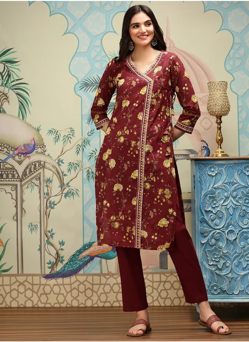 ISHIN Straight Fit Printed Pattern Round Neck Three-Quarter Sleeves Maroon Colour Woven Cotton Kurta Set for Women with Semi Elastic Closure - Crafted for Elegance and Ease