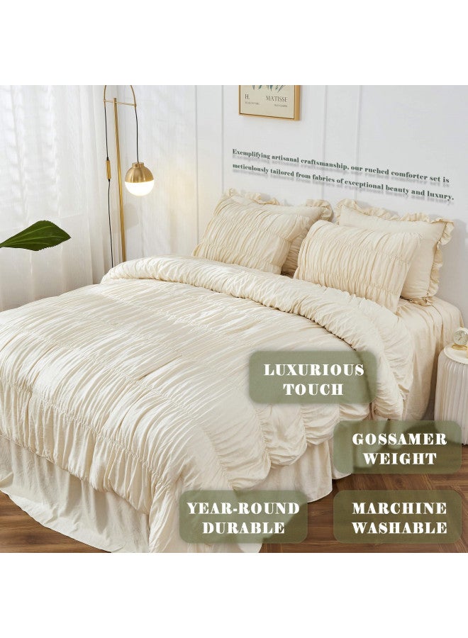 Bonlino Queen Comforter Set Wheat Bedding - Ruched Comforter Queen Size Bed Set Boho Shabby Chic Bedding for Bedroom Comforter Fluffy 3 Piece Ruffle Comforter Set with Pillow White Bedding Soft - Image 1
