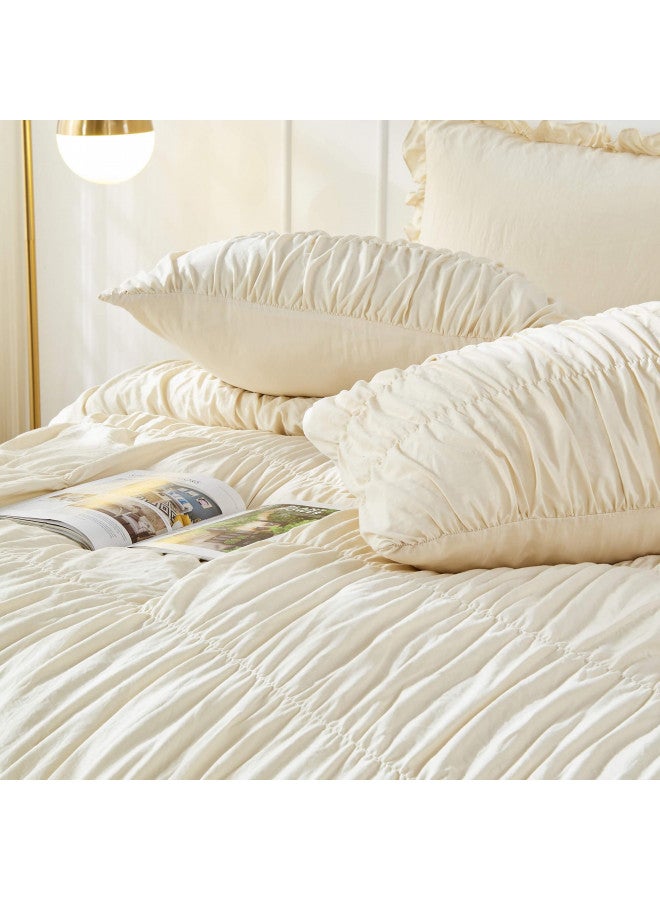 Bonlino Queen Comforter Set Wheat Bedding - Ruched Comforter Queen Size Bed Set Boho Shabby Chic Bedding for Bedroom Comforter Fluffy 3 Piece Ruffle Comforter Set with Pillow White Bedding Soft - Image 3