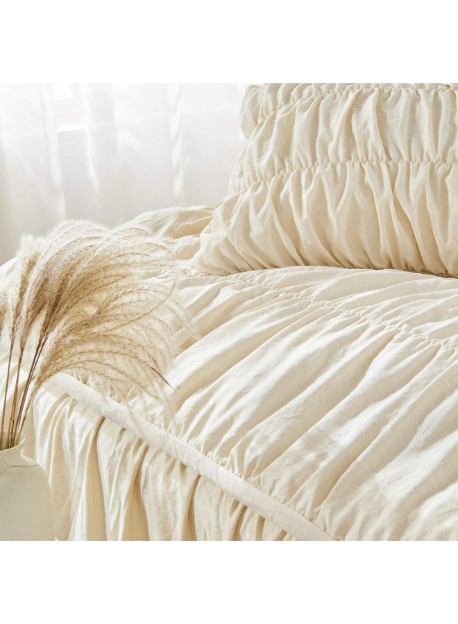 Bonlino Queen Comforter Set Wheat Bedding - Ruched Comforter Queen Size Bed Set Boho Shabby Chic Bedding for Bedroom Comforter Fluffy 3 Piece Ruffle Comforter Set with Pillow White Bedding Soft - Image 2