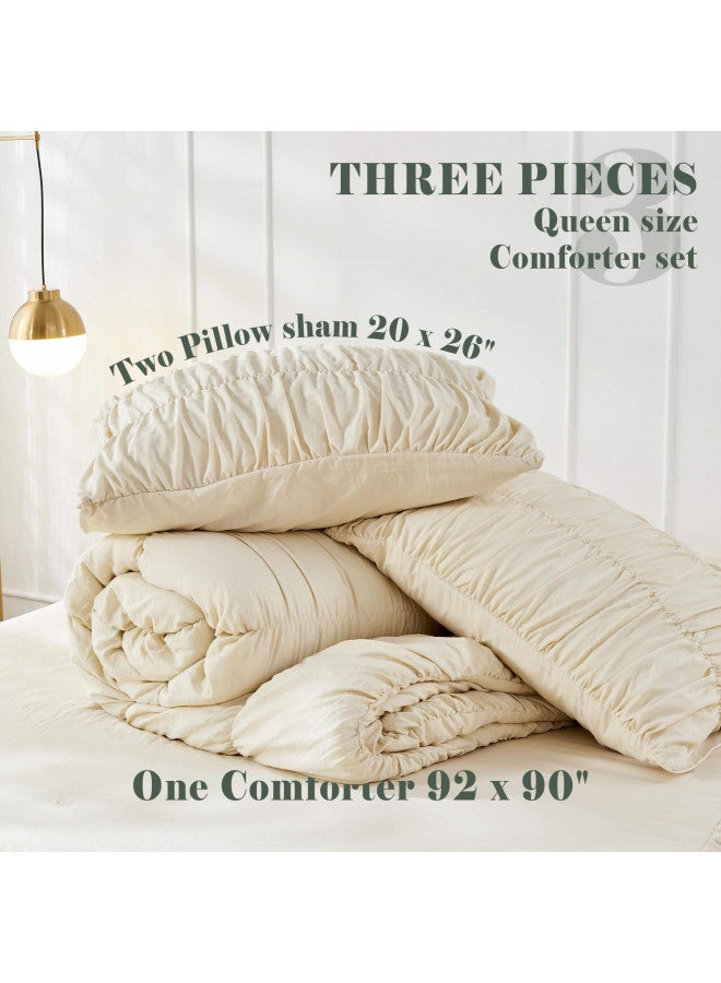 Bonlino Queen Comforter Set Wheat Bedding - Ruched Comforter Queen Size Bed Set Boho Shabby Chic Bedding for Bedroom Comforter Fluffy 3 Piece Ruffle Comforter Set with Pillow White Bedding Soft - Image 4
