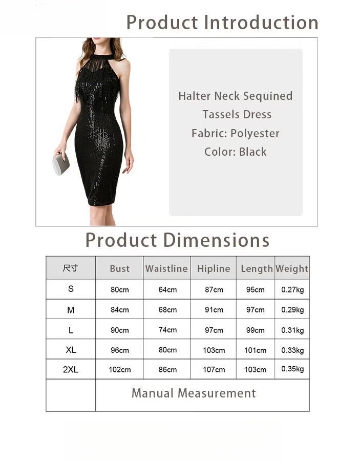 Banquet Party Dress for Women Evening Dresses Halter Neck Sequins Knee-Length Sleeveless Prom Ball Gown Wedding Elegant Slim Formal Dresses Bridesmaid Dress Black - Image 4