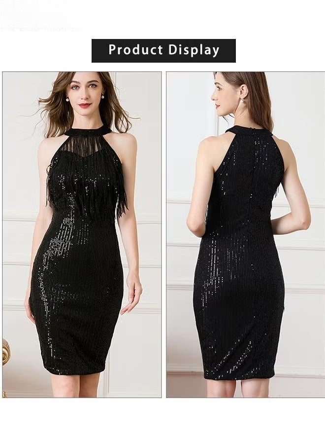 Banquet Party Dress for Women Evening Dresses Halter Neck Sequins Knee-Length Sleeveless Prom Ball Gown Wedding Elegant Slim Formal Dresses Bridesmaid Dress Black - Image 5