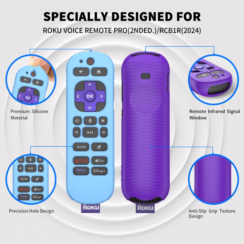 Wacanc [2 Pcs] Silicone Remote Case Cover for Roku Voice Remote Pro (2nd Ed.), Anti Slip Shockproof Remote Protective Sleeve for RCB1R(2024), Remote Protective Cover Case with Lanyard (Purple+Glow Blue) - Image 4