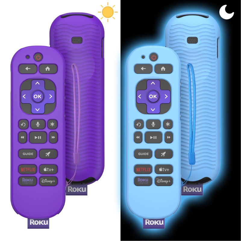 Wacanc [2 Pcs] Silicone Remote Case Cover for Roku Voice Remote Pro (2nd Ed.), Anti Slip Shockproof Remote Protective Sleeve for RCB1R(2024), Remote Protective Cover Case with Lanyard (Purple+Glow Blue) - Image 1
