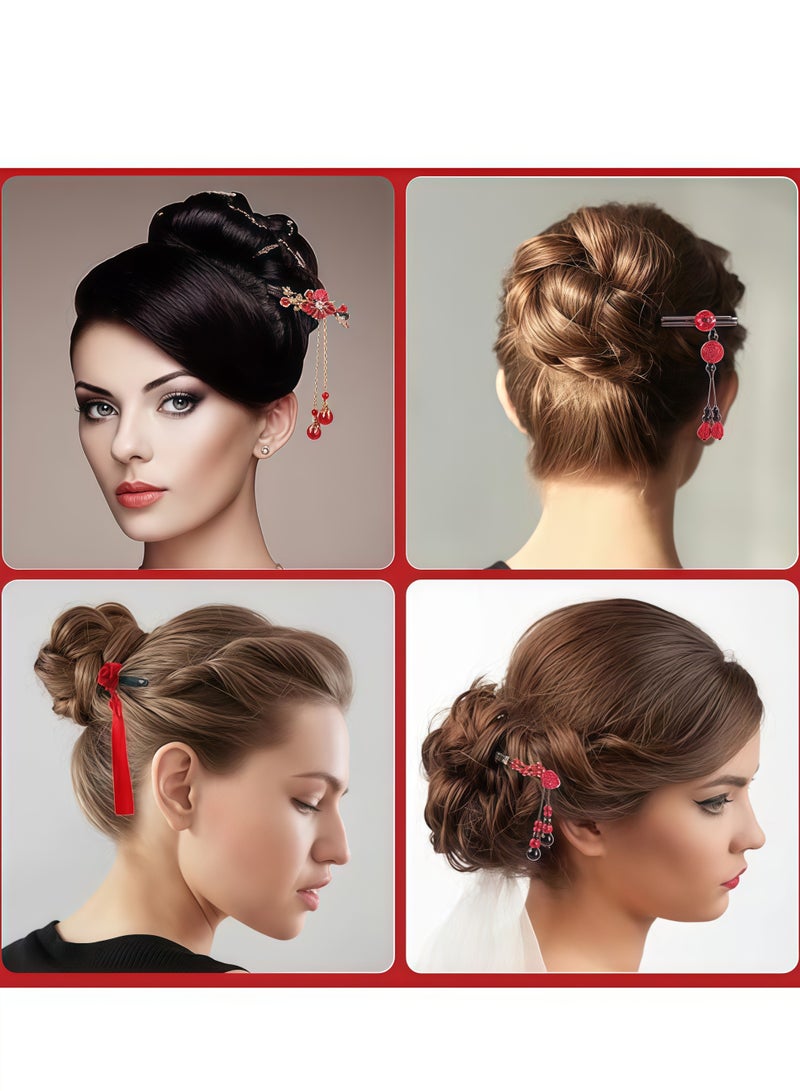 مجموعة مولين من 4 دبابيس شعر خشبية، دبابيس شعر صينية ويابانية، دبابيس شعر عتيقة مزينة بالزهور، دبابيس شعر خشبية مصنوعة يدويًا، دبابيس شعر كلاسيكية، إكسسوارات شعر، دبابيس شعر بشرابة للنساء والفتيات - Image 5