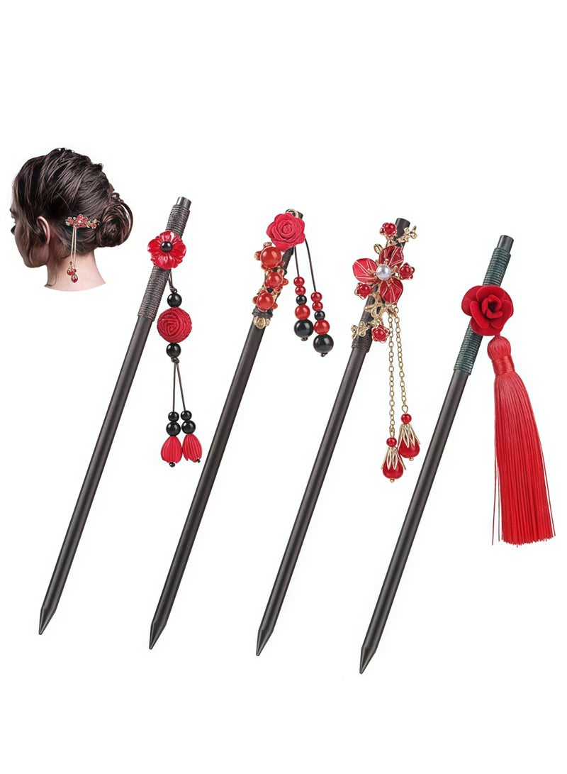 مجموعة مولين من 4 دبابيس شعر خشبية، دبابيس شعر صينية ويابانية، دبابيس شعر عتيقة مزينة بالزهور، دبابيس شعر خشبية مصنوعة يدويًا، دبابيس شعر كلاسيكية، إكسسوارات شعر، دبابيس شعر بشرابة للنساء والفتيات - Image 1