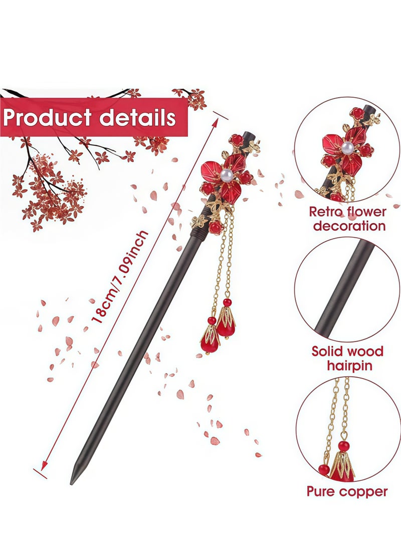 مجموعة مولين من 4 دبابيس شعر خشبية، دبابيس شعر صينية ويابانية، دبابيس شعر عتيقة مزينة بالزهور، دبابيس شعر خشبية مصنوعة يدويًا، دبابيس شعر كلاسيكية، إكسسوارات شعر، دبابيس شعر بشرابة للنساء والفتيات - Image 3