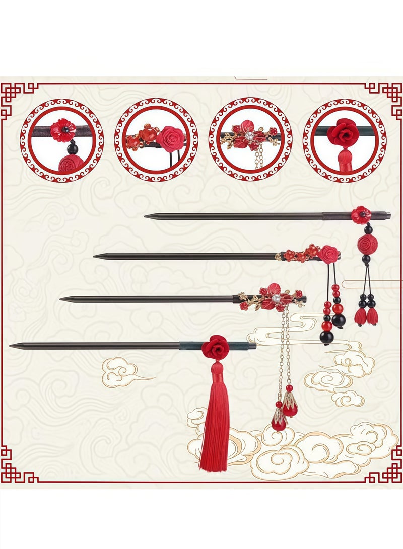 مجموعة مولين من 4 دبابيس شعر خشبية، دبابيس شعر صينية ويابانية، دبابيس شعر عتيقة مزينة بالزهور، دبابيس شعر خشبية مصنوعة يدويًا، دبابيس شعر كلاسيكية، إكسسوارات شعر، دبابيس شعر بشرابة للنساء والفتيات - Image 4