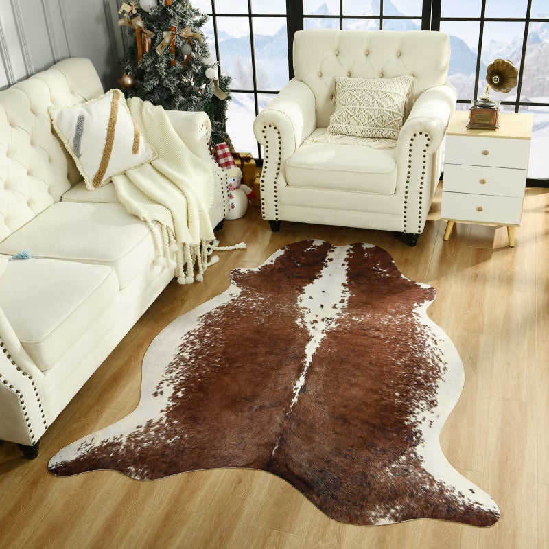 Easycozy Faux Cowhide Large Cow Print Rug - 4.7 x 5.2 Feet, Thickened Elastic for Bedroom, Living Room, Home Office, Western Decor - Image 1