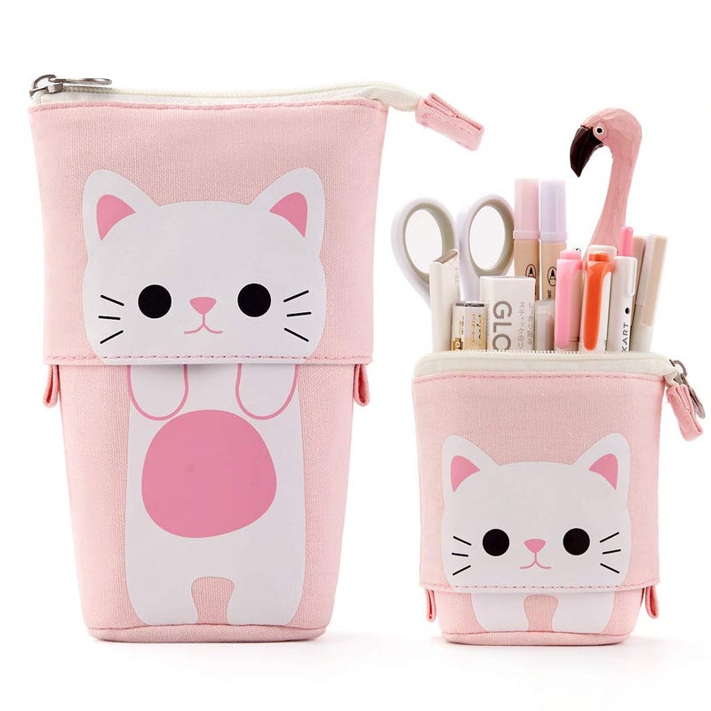 EASTHILL Cartoon Cute Cat Pencil Pouch Canvas Pen Bag Standing Stationery Case Holder Box Student (Pink) - Image 1