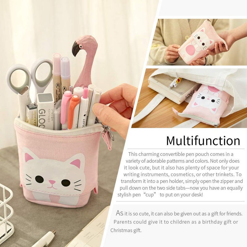 EASTHILL Cartoon Cute Cat Pencil Pouch Canvas Pen Bag Standing Stationery Case Holder Box Student (Pink) - Image 4