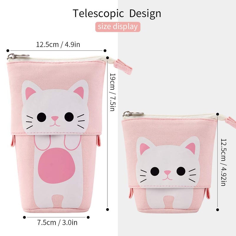EASTHILL Cartoon Cute Cat Pencil Pouch Canvas Pen Bag Standing Stationery Case Holder Box Student (Pink) - Image 5