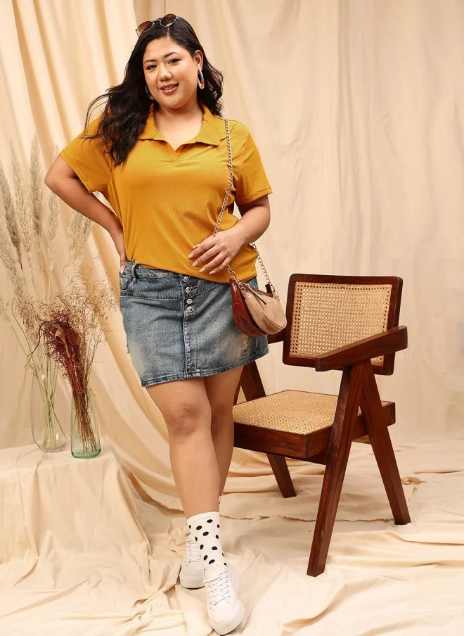 CURVY STREET Mustard Yellow Striped Polo Shirt for Women
