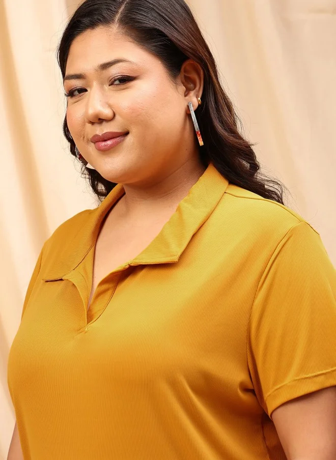 CURVY STREET Mustard Yellow Striped Polo Shirt for Women