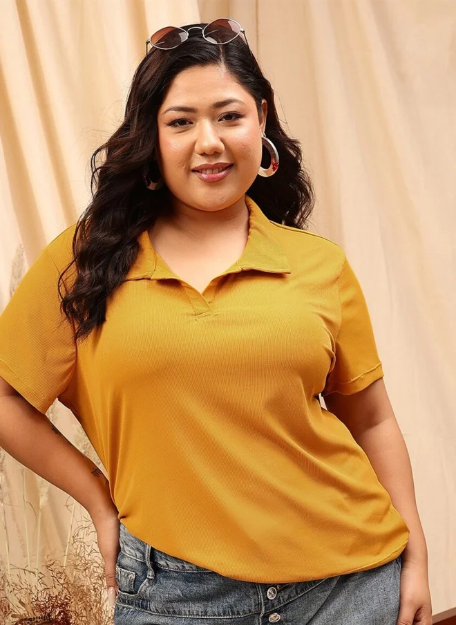 CURVY STREET Mustard Yellow Striped Polo Shirt for Women