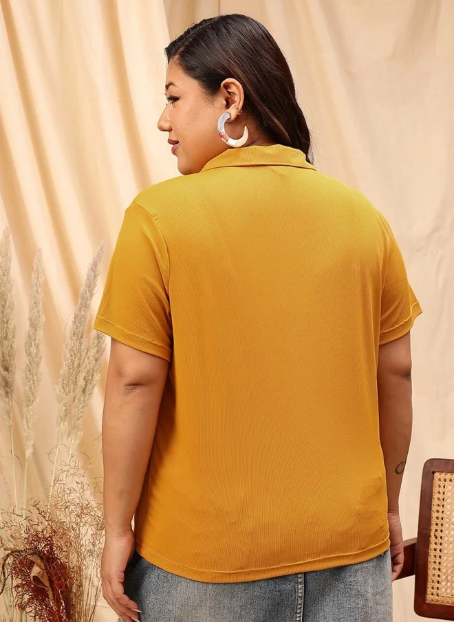 CURVY STREET Mustard Yellow Striped Polo Shirt for Women