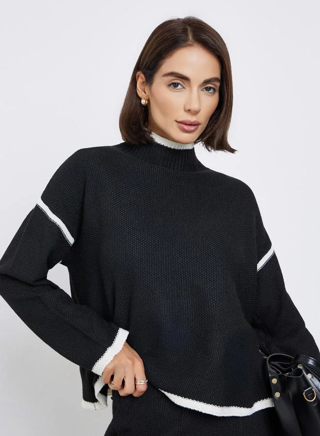 Styli Black Regular Fit Sweater with Contrast Trim