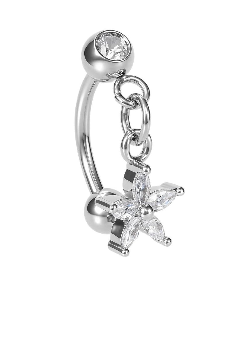 SHIELD PLUS Sparkling Flower Belly Button Ring – Crystal Dangle Navel Piercing Jewelry for Women & Girls – Hypoallergenic Stainless Steel Curved Barbell with Clear Gemstones - Image 1