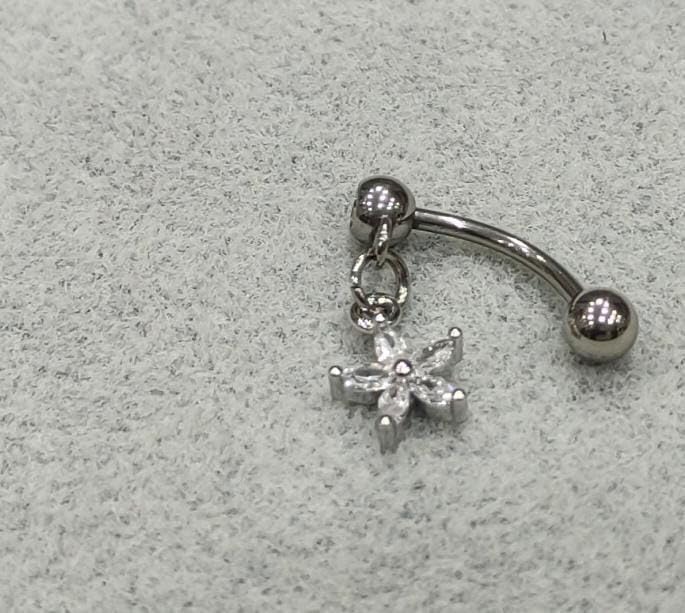SHIELD PLUS Sparkling Flower Belly Button Ring – Crystal Dangle Navel Piercing Jewelry for Women & Girls – Hypoallergenic Stainless Steel Curved Barbell with Clear Gemstones - Image 2