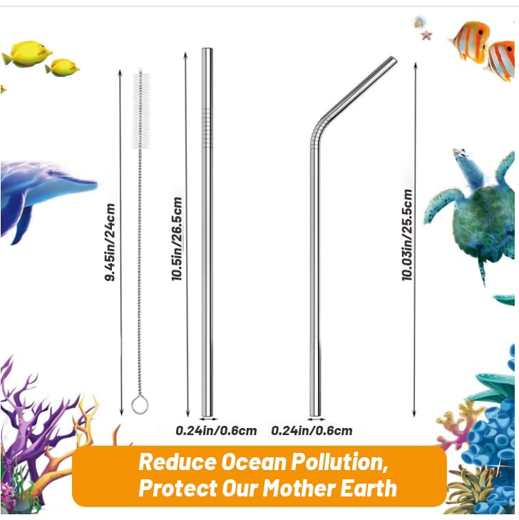 VEHHE Metal Straws Stainless Steel Straws Drinking Straws Reusable - 10.5" Ultra Long 4 + 1 - W/Cleaning Brush for 20/30 Oz for Yeti RTIC SIC Ozark Trail Tumblers (2 Straight|2 Bent|1 Brush) - Image 2