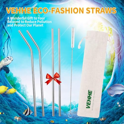 VEHHE Metal Straws Stainless Steel Straws Drinking Straws Reusable - 10.5" Ultra Long 4 + 1 - W/Cleaning Brush for 20/30 Oz for Yeti RTIC SIC Ozark Trail Tumblers (2 Straight|2 Bent|1 Brush) - Image 3