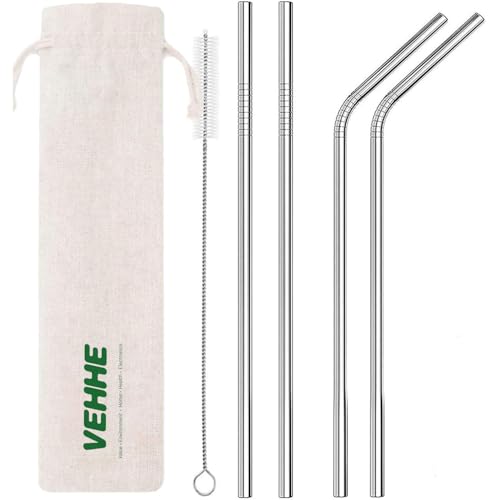 VEHHE Metal Straws Stainless Steel Straws Drinking Straws Reusable - 10.5" Ultra Long 4 + 1 - W/Cleaning Brush for 20/30 Oz for Yeti RTIC SIC Ozark Trail Tumblers (2 Straight|2 Bent|1 Brush) - Image 1