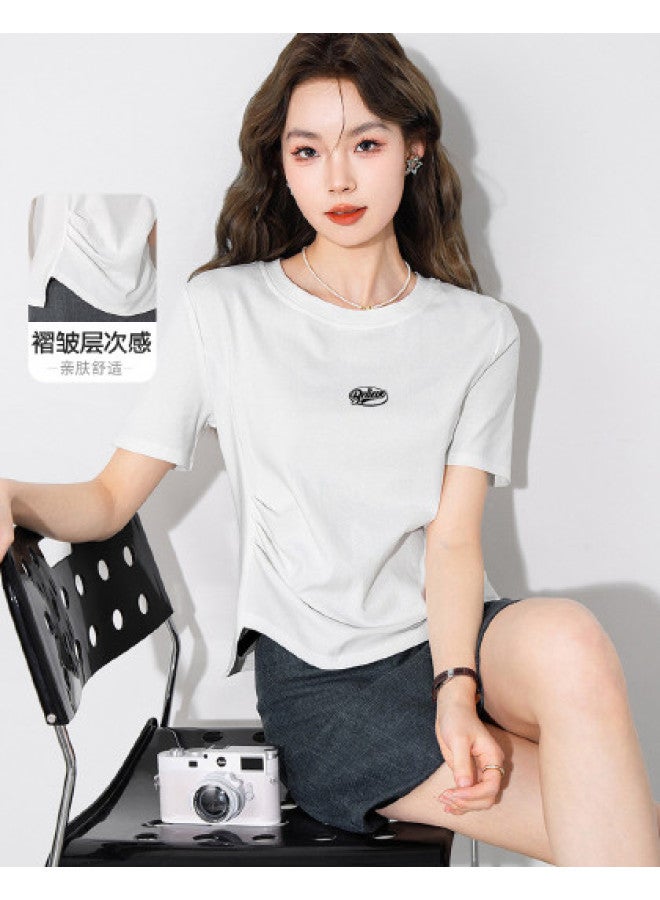 Baleno Solid Color Round Neck Women's T-shirt 2025 Summer Trend Gathered Hem Letter Print Short Sleeve Tee - Image 1