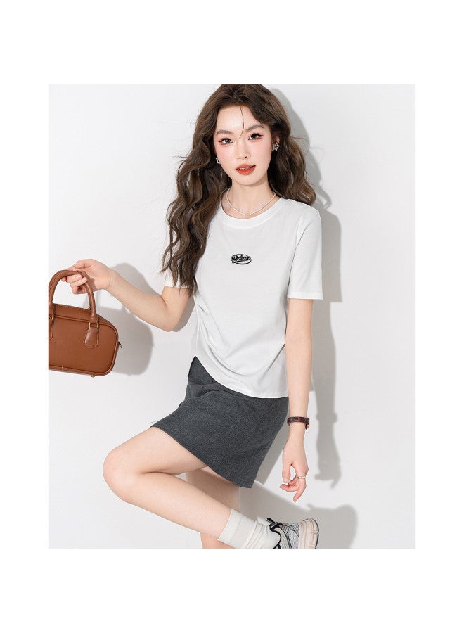 Baleno Solid Color Round Neck Women's T-shirt 2025 Summer Trend Gathered Hem Letter Print Short Sleeve Tee - Image 5