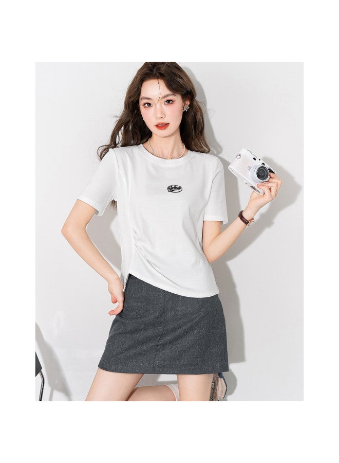 Baleno Solid Color Round Neck Women's T-shirt 2025 Summer Trend Gathered Hem Letter Print Short Sleeve Tee - Image 3